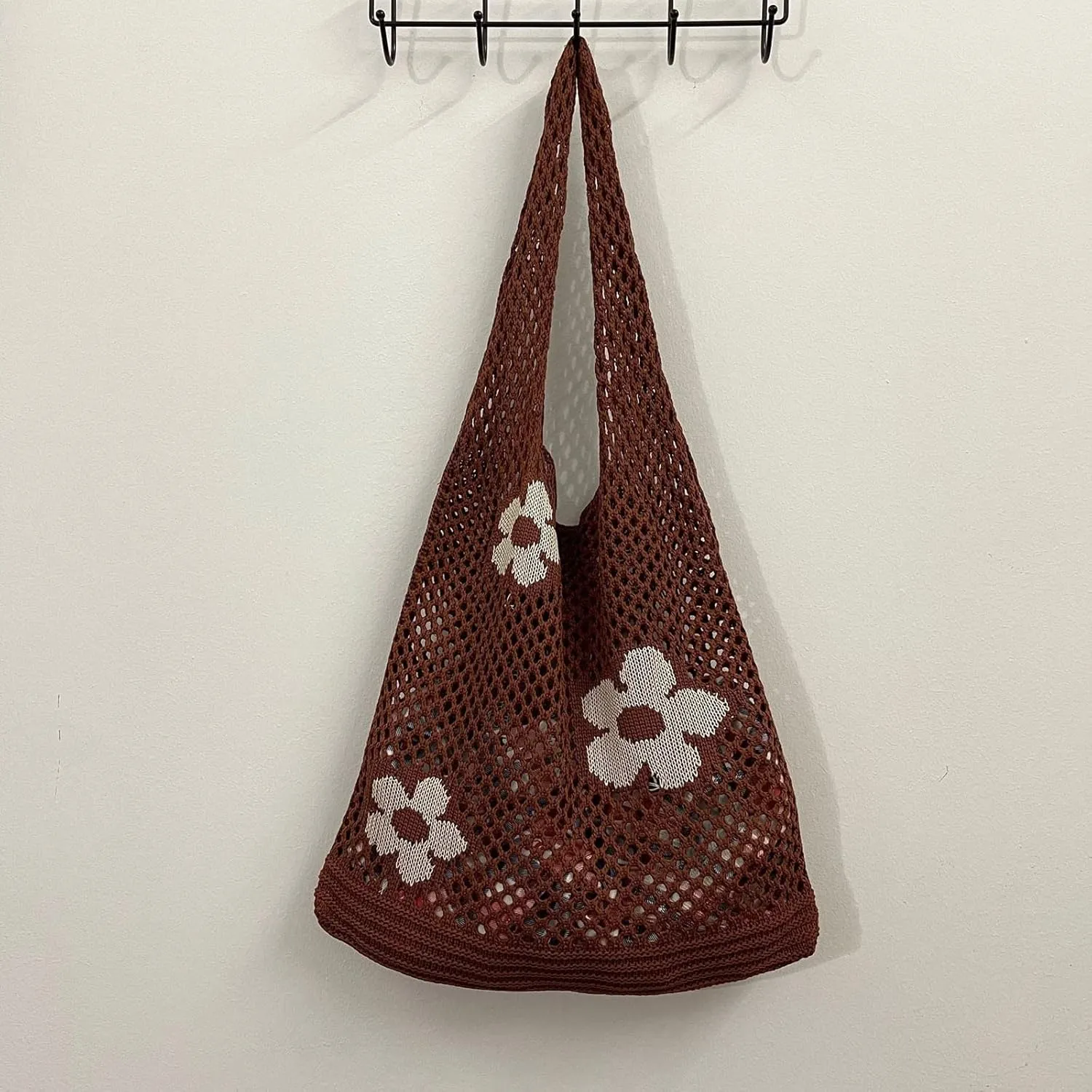 Women's New Japanese And Korean Tote Bag Flower Bag Knitted Mesh Hollow Shoulder Bags Shoulder Bags (D, One Size)