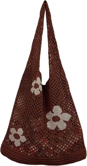 Women's New Japanese And Korean Tote Bag Flower Bag Knitted Mesh Hollow Shoulder Bags Shoulder Bags (D, One Size)