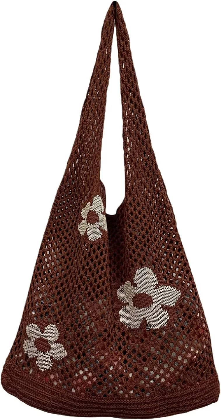 Women's New Japanese And Korean Tote Bag Flower Bag Knitted Mesh Hollow Shoulder Bags Shoulder Bags (D, One Size)