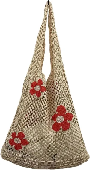 Women's New Japanese And Korean Tote Bags Flower Bag Knitted Mesh Hollow Shoulder Bag Mens Shoulder (Beige, One Size)