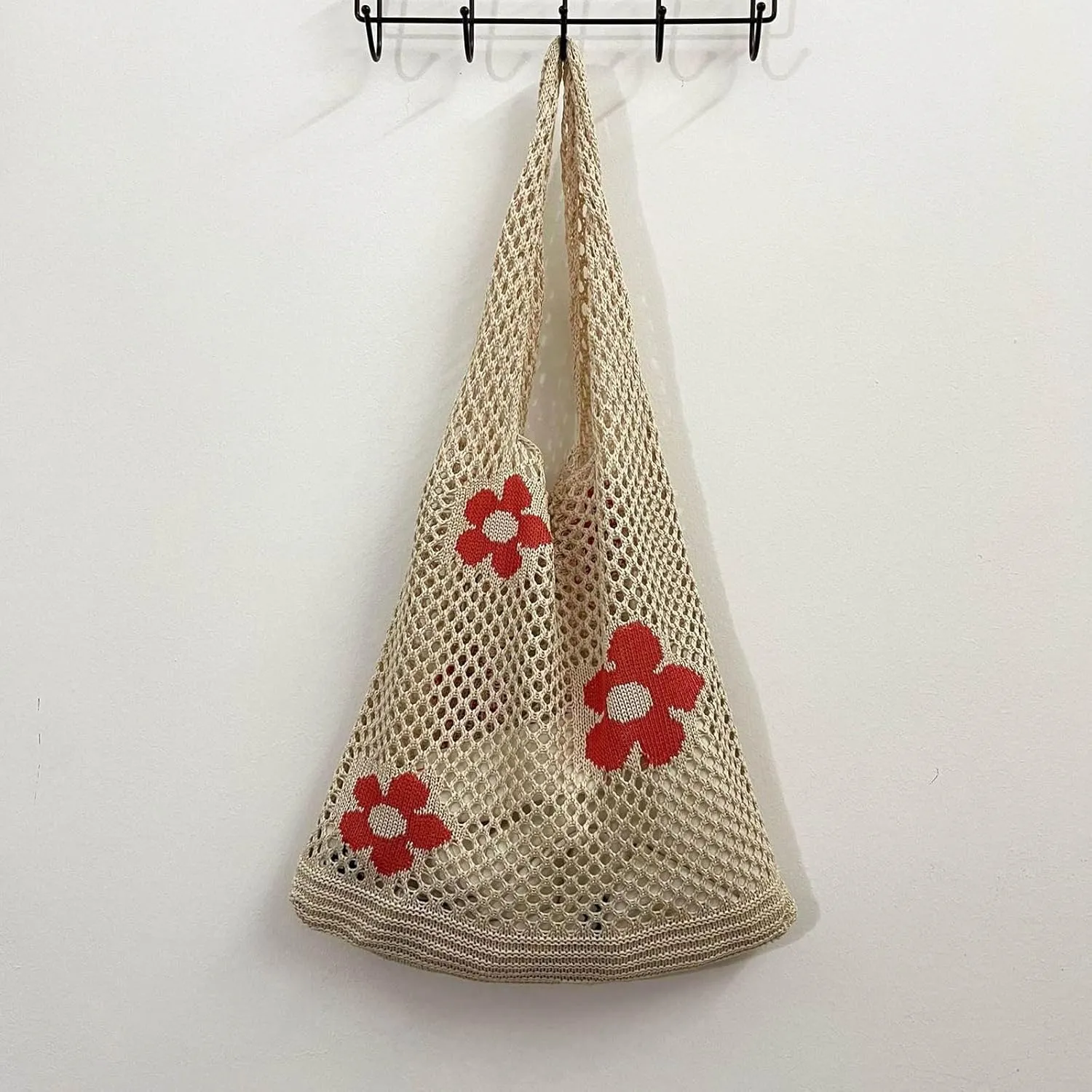 Women's New Japanese And Korean Tote Bags Flower Bag Knitted Mesh Hollow Shoulder Bag Mens Shoulder (Beige, One Size)
