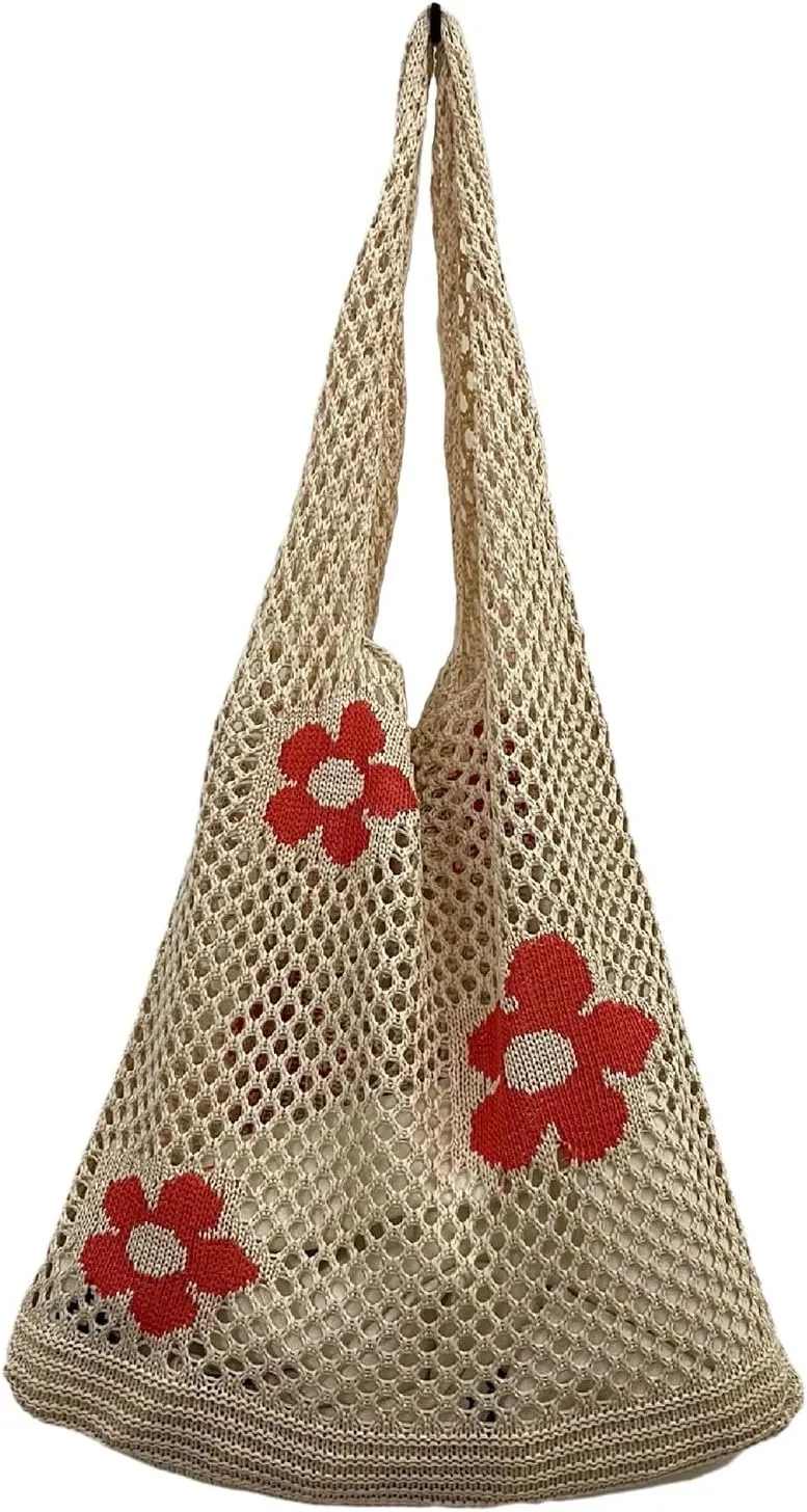 Women's New Japanese And Korean Tote Bags Flower Bag Knitted Mesh Hollow Shoulder Bag Mens Shoulder (Beige, One Size)