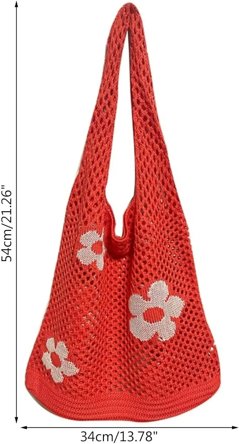 Women's New Japanese And Korean Tote Bags Flower Bag Knitted Mesh Hollow Shoulder Bag Mens Shoulder (Beige, One Size)