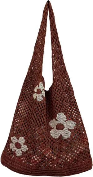 Women's New Japanese And Korean Tote Bags Flower Bag Knitted Mesh Hollow Shoulder Bag Mens Shoulder (Brown, One Size)