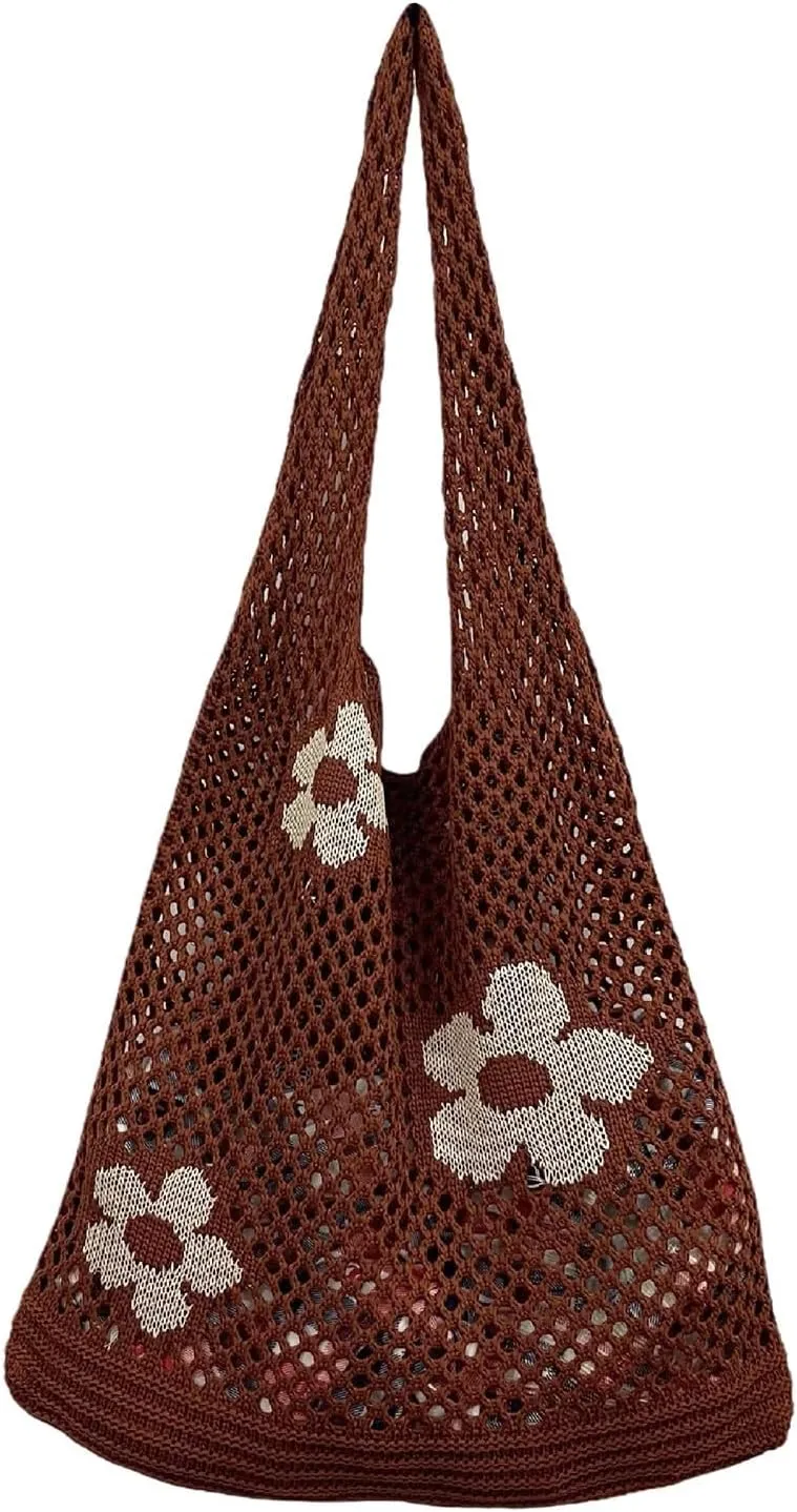 Women's New Japanese And Korean Tote Bags Flower Bag Knitted Mesh Hollow Shoulder Bag Mens Shoulder (Brown, One Size)