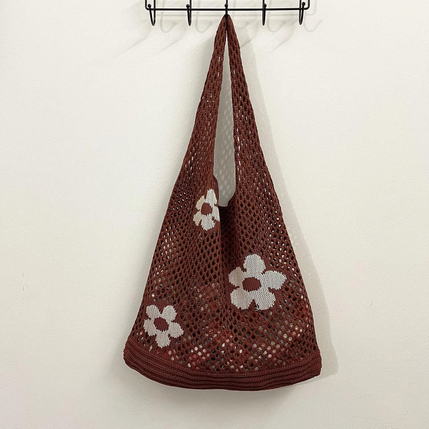 Women's New Japanese And Korean Tote Bags Flower Bag Knitted Mesh Hollow Shoulder Bag Mens Shoulder (Brown, One Size)