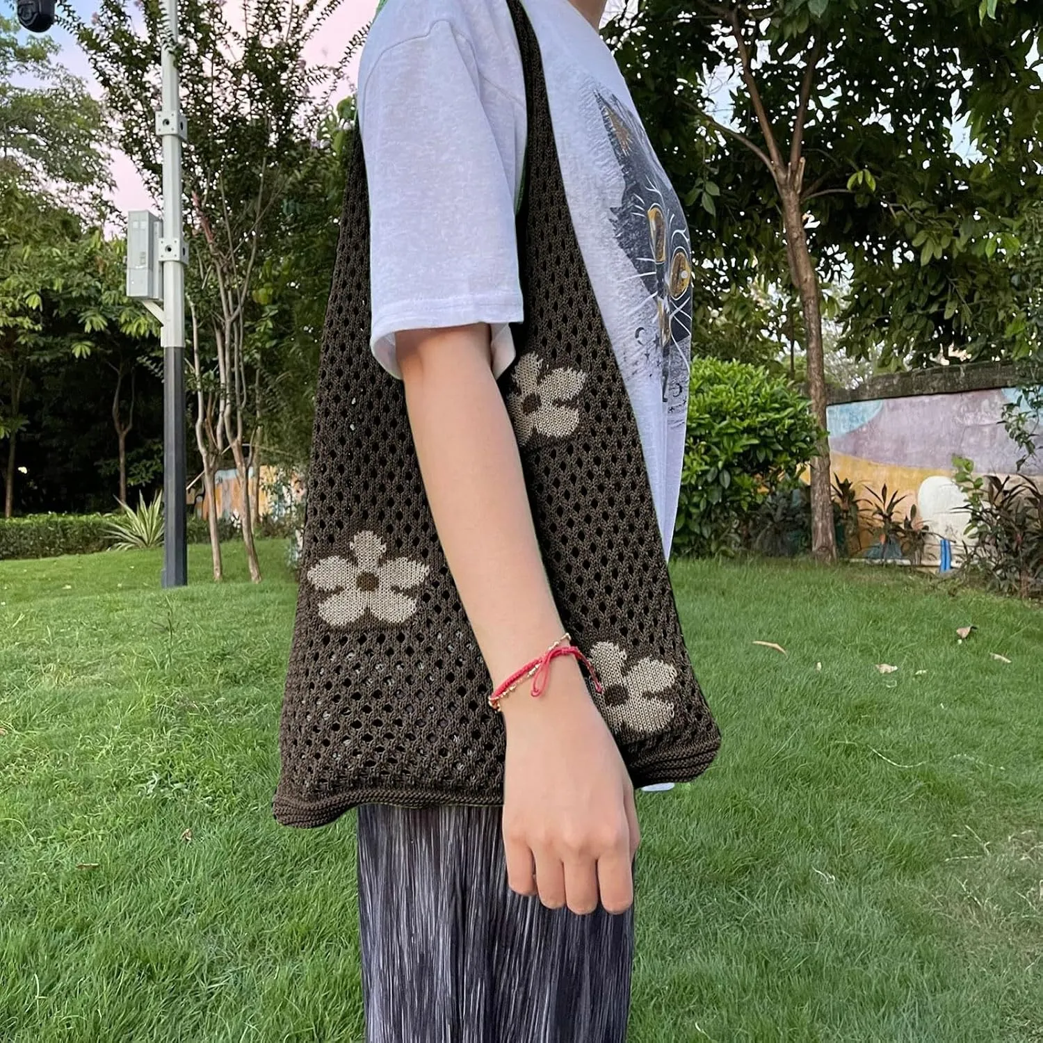 Women's New Japanese And Korean Tote Bags Flower Bag Knitted Mesh Hollow Shoulder Bag Mens Shoulder (Coffee, One Size)