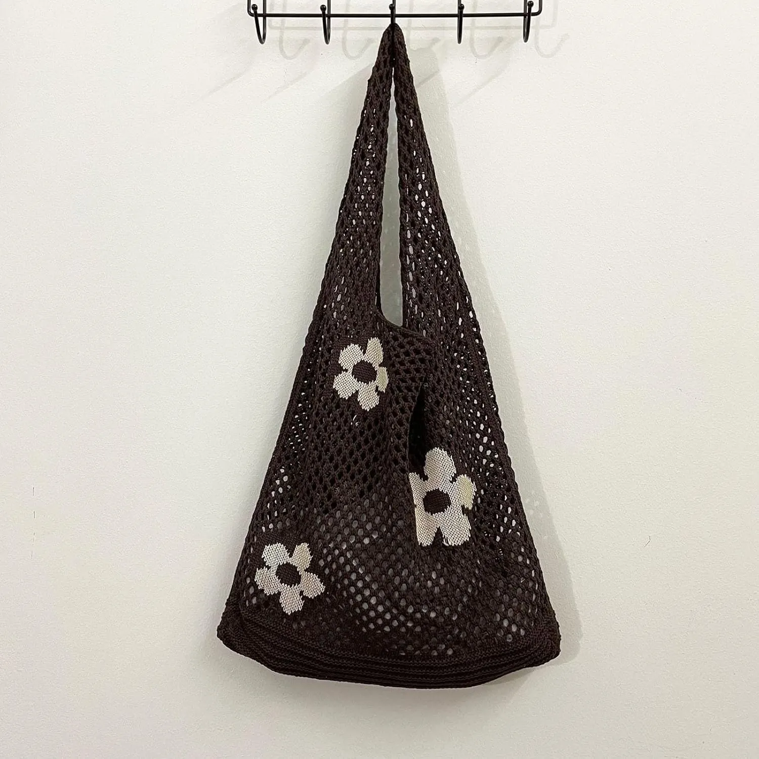 Women's New Japanese And Korean Tote Bags Flower Bag Knitted Mesh Hollow Shoulder Bag Mens Shoulder (Coffee, One Size)