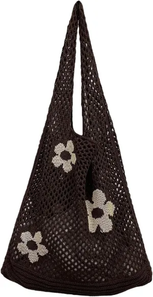 Women's New Japanese And Korean Tote Bags Flower Bag Knitted Mesh Hollow Shoulder Bag Mens Shoulder (Coffee, One Size)