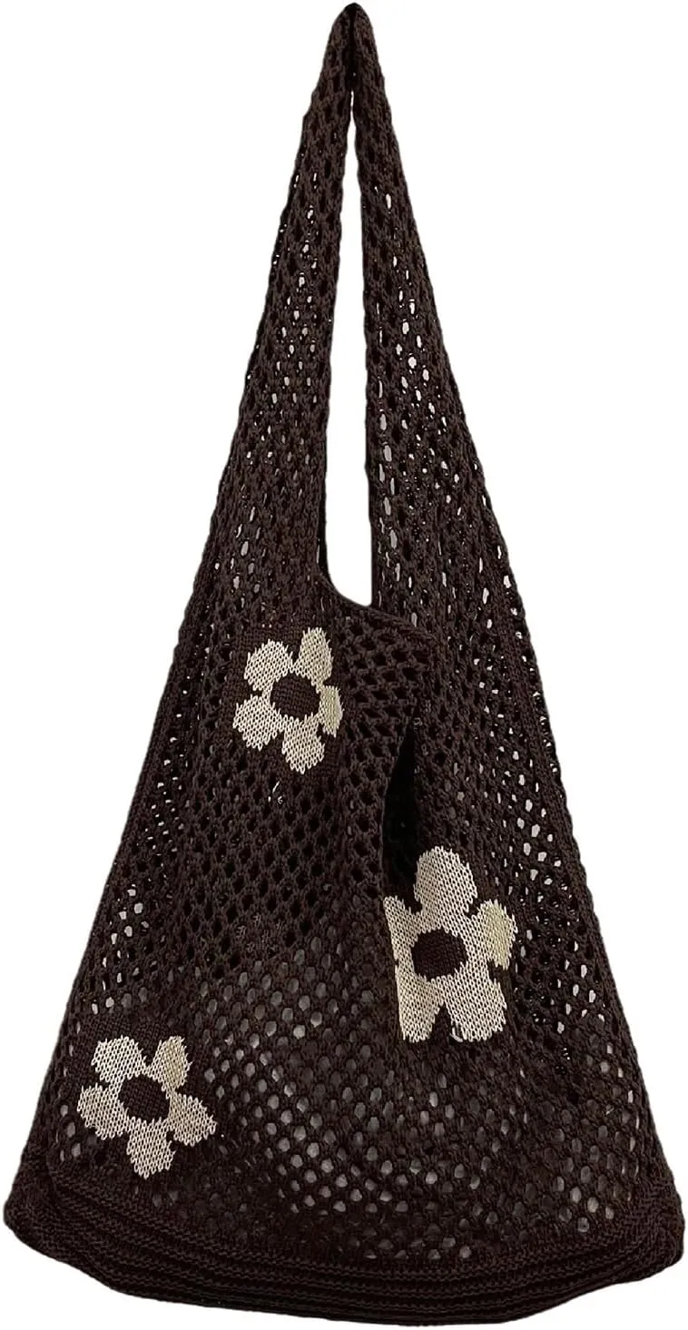 Women's New Japanese And Korean Tote Bags Flower Bag Knitted Mesh Hollow Shoulder Bag Mens Shoulder (Coffee, One Size)