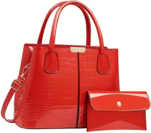 Women's PU Crocodile Print Tote Bag with Detachable Wallet Set, Satchel Bags for Women, Large Handbag Crossbody Purse for Work Travel Shopping