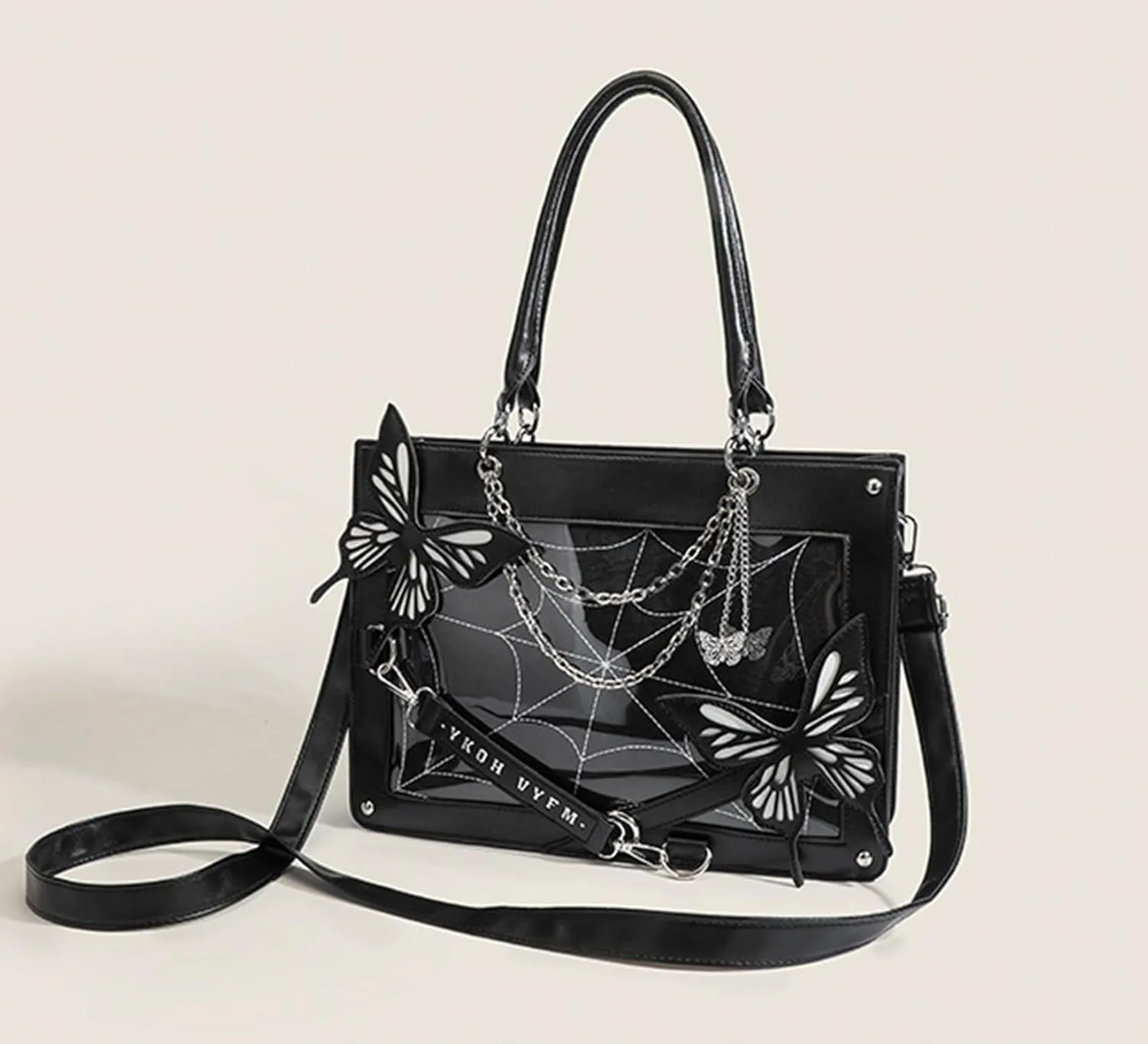 Women's Punk Gothic Tote Bag Fashion PU Leather Top-handle Bag Large Capacity Lolita Butterfly Shoulder Bag