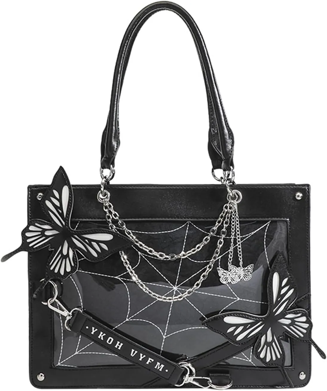 Women's Punk Gothic Tote Bag Fashion PU Leather Top-handle Bag Large Capacity Lolita Butterfly Shoulder Bag