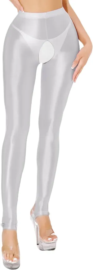Women's Shiny High Waist Tights Oil Glossy Opaque Pantyhose Sexy Open Crotch Footless Yoga Leggings Pants