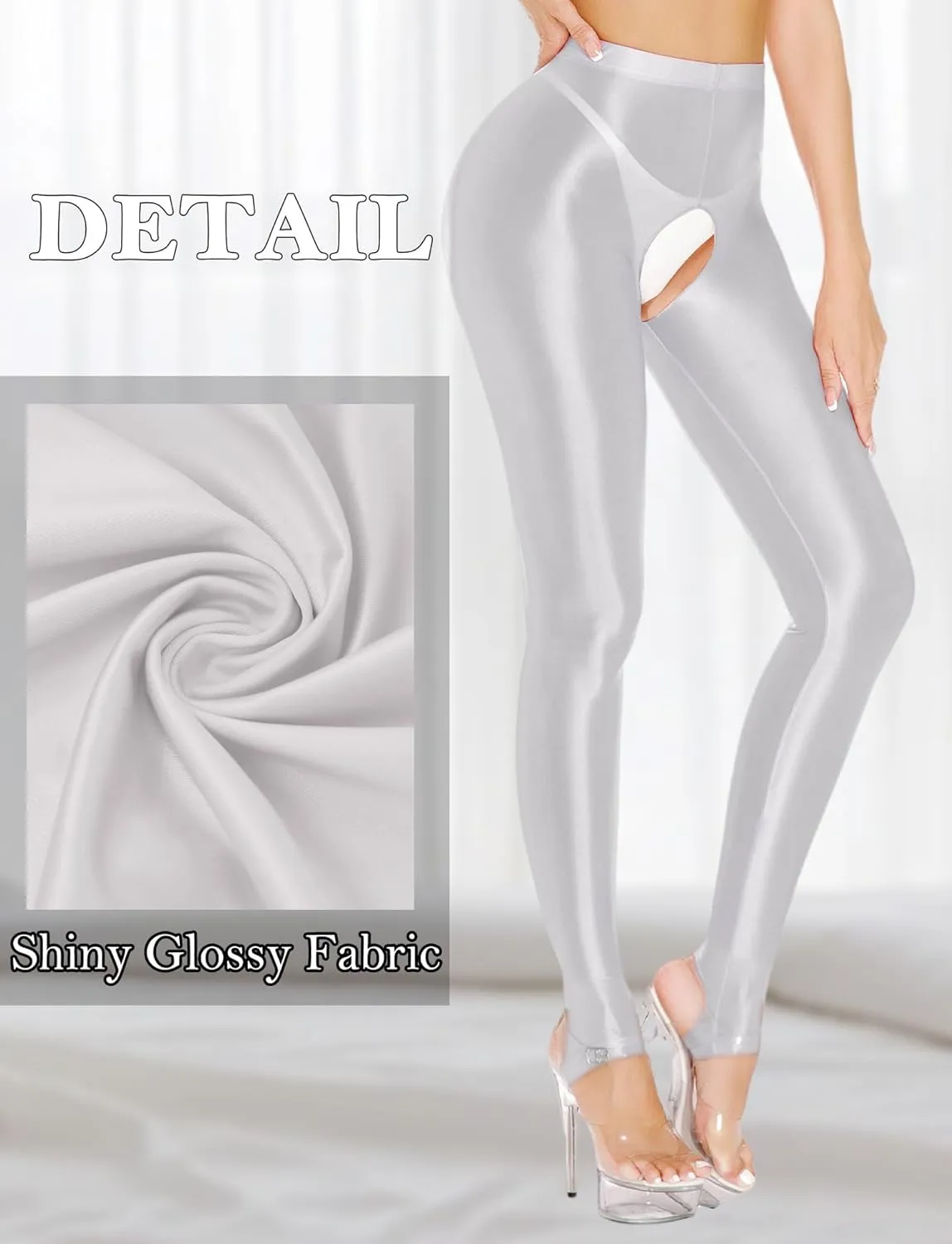 Women's Shiny High Waist Tights Oil Glossy Opaque Pantyhose Sexy Open Crotch Footless Yoga Leggings Pants