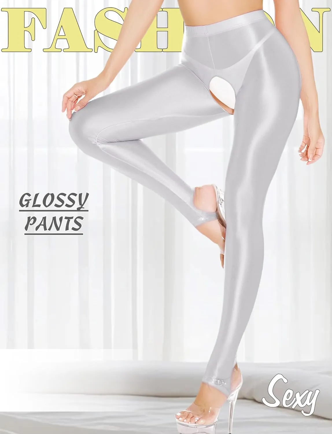 Women's Shiny High Waist Tights Oil Glossy Opaque Pantyhose Sexy Open Crotch Footless Yoga Leggings Pants