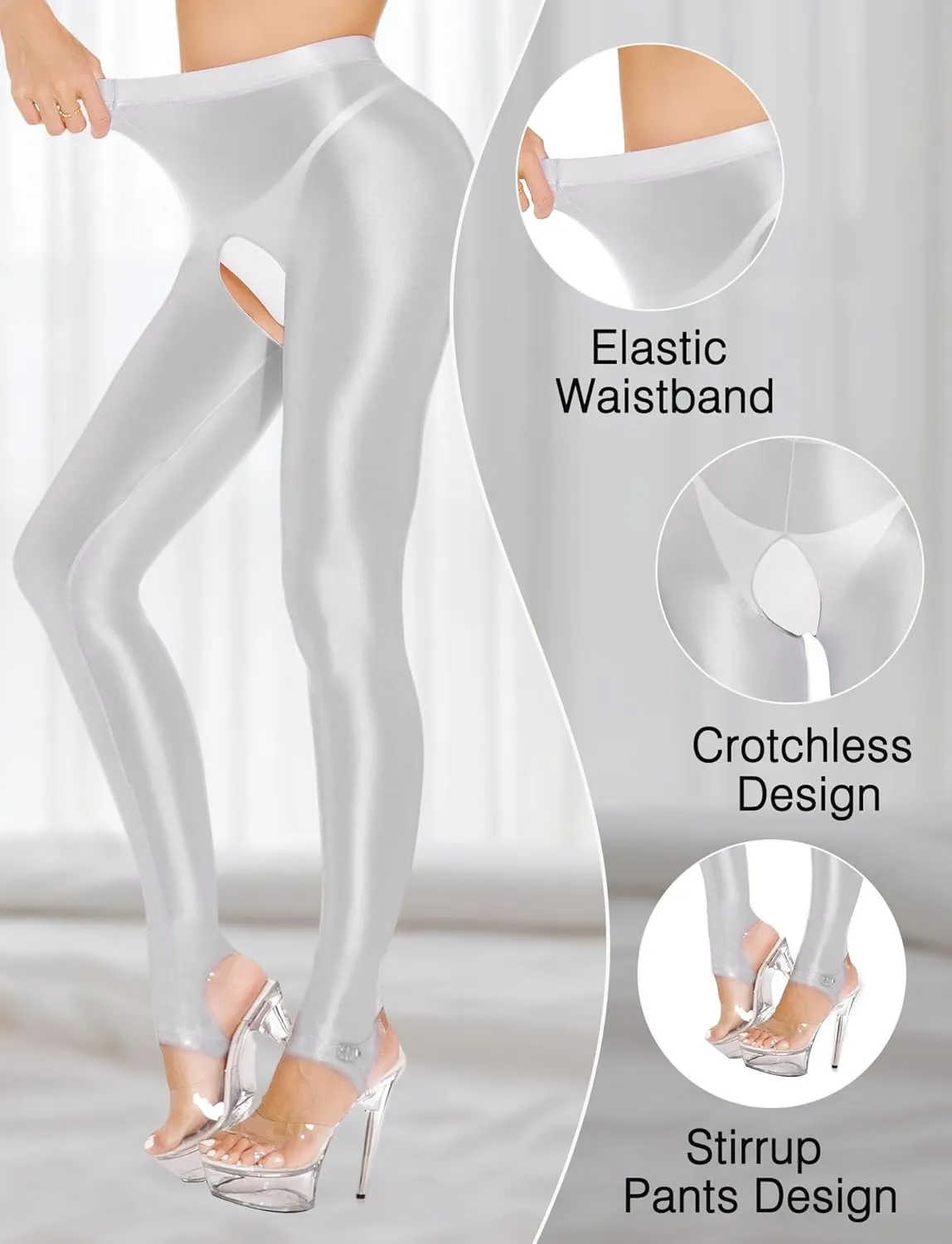 Women's Shiny High Waist Tights Oil Glossy Opaque Pantyhose Sexy Open Crotch Footless Yoga Leggings Pants