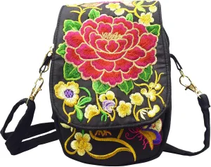 Women's Small Cute Boho Canvas Crossbody Camera Bag Cell Phone Purse with Floral Embroidery