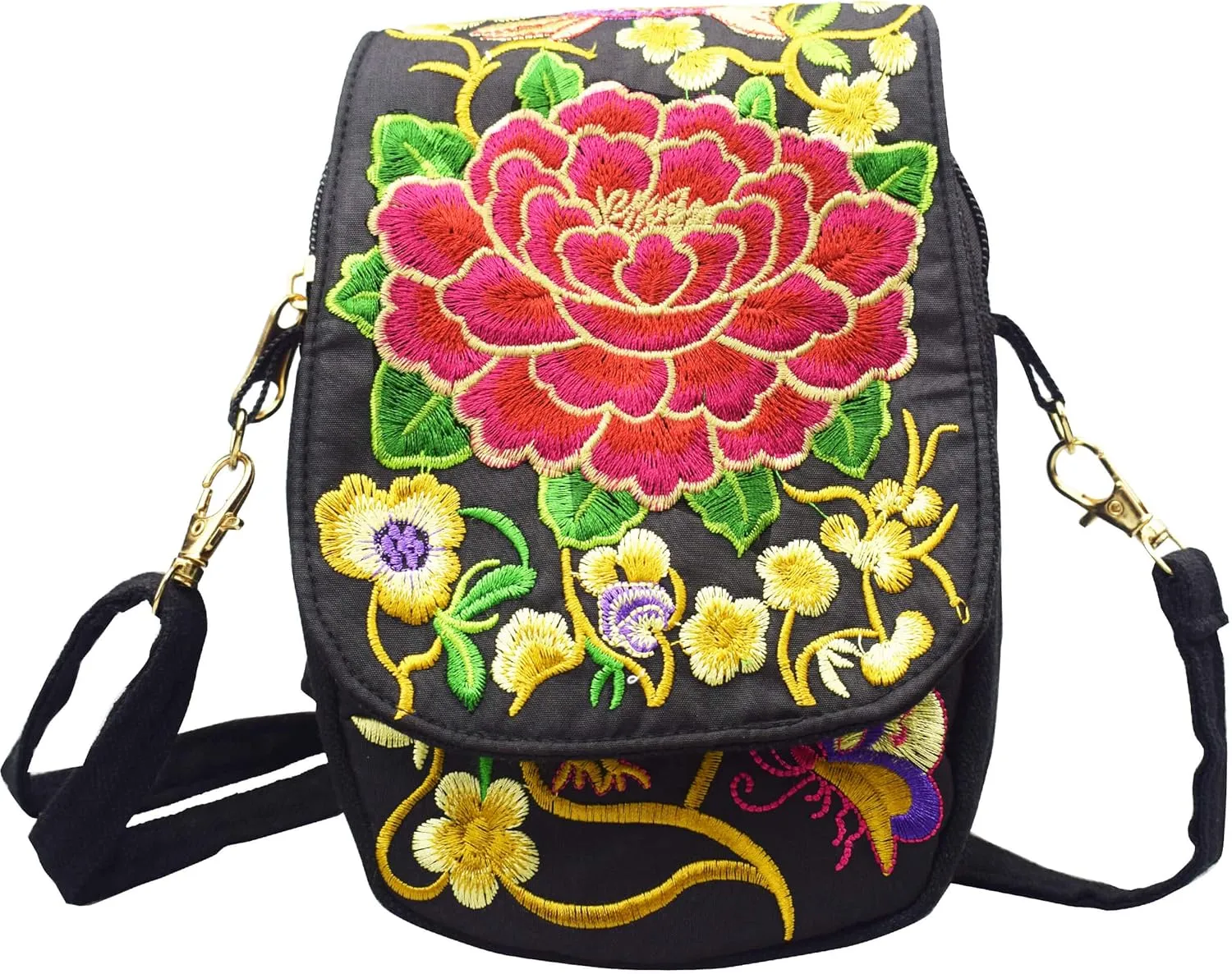 Women's Small Cute Boho Canvas Crossbody Camera Bag Cell Phone Purse with Floral Embroidery