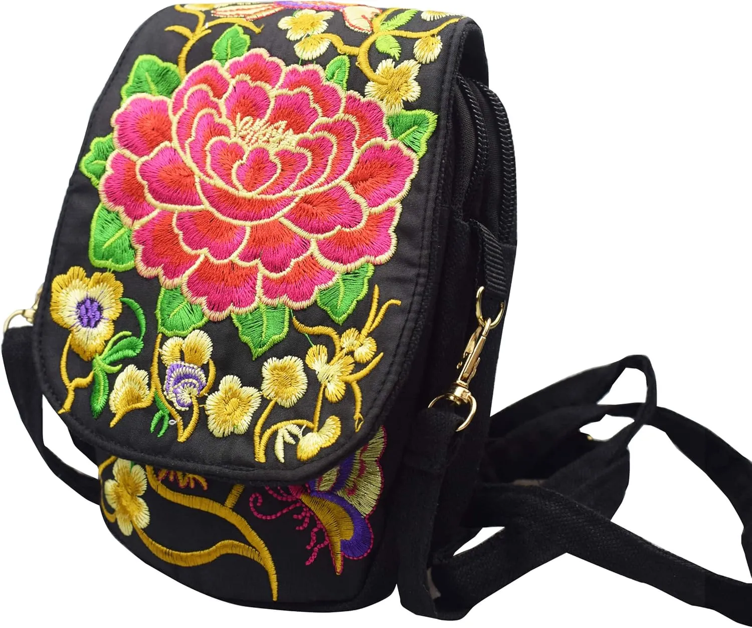 Women's Small Cute Boho Canvas Crossbody Camera Bag Cell Phone Purse with Floral Embroidery