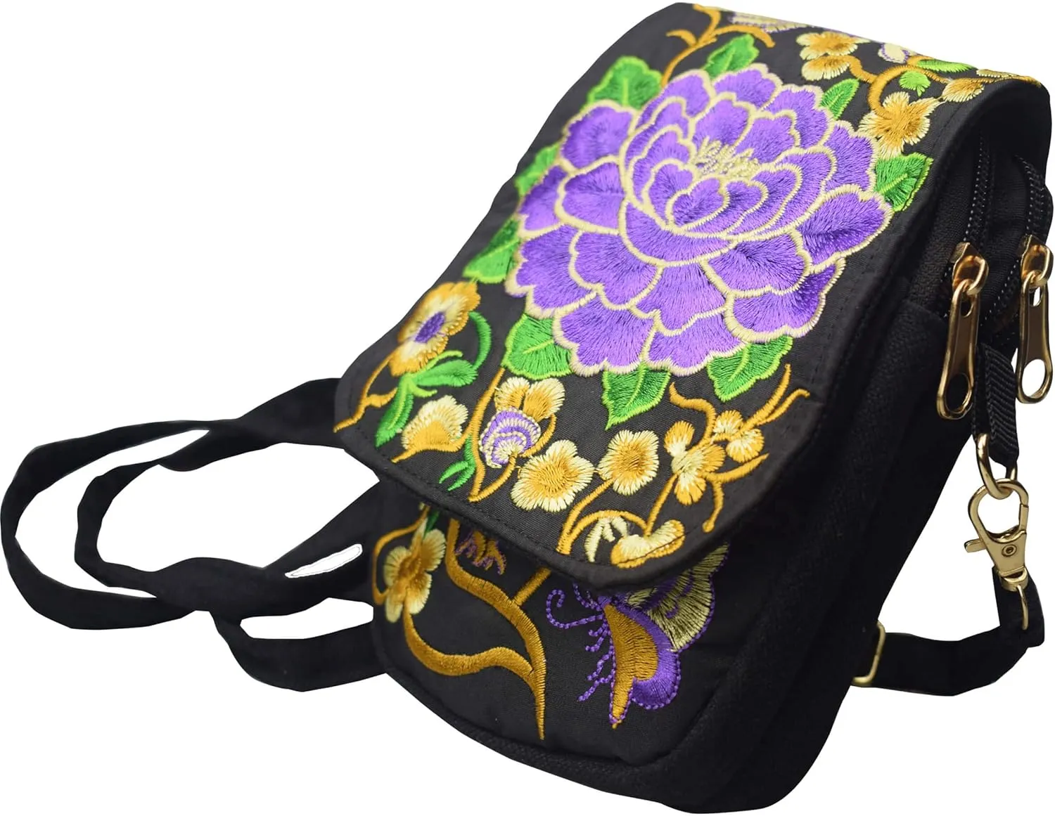 Women's Small Cute Boho Canvas Crossbody Camera Bag Cell Phone Purse with Floral Embroidery