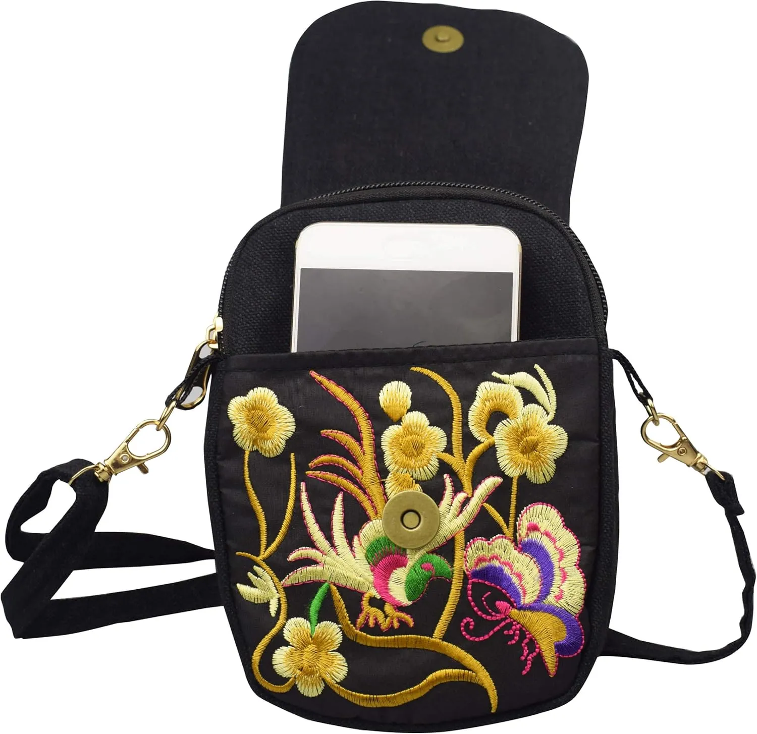 Women's Small Cute Boho Canvas Crossbody Camera Bag Cell Phone Purse with Floral Embroidery