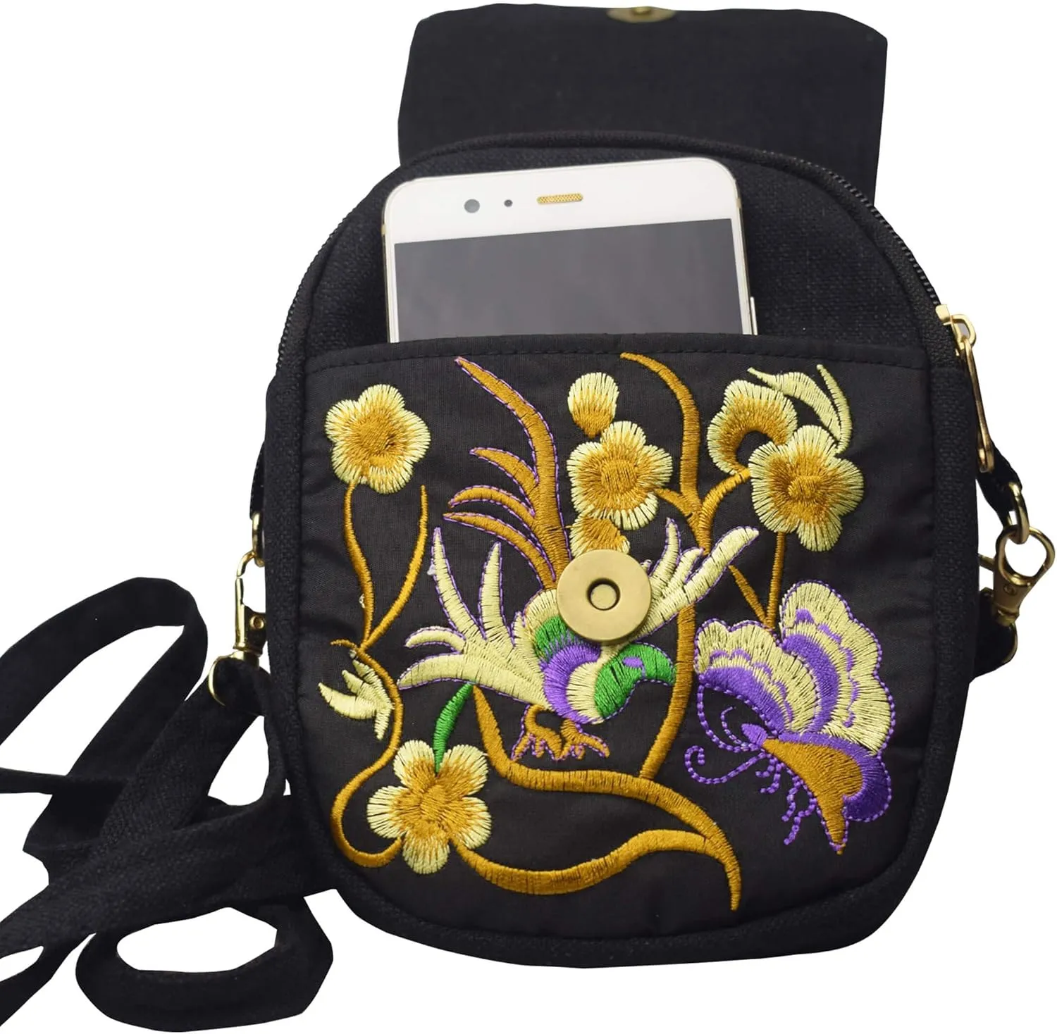 Women's Small Cute Boho Canvas Crossbody Camera Bag Cell Phone Purse with Floral Embroidery