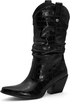 Women's Square Toe Cowboy Cowgirl Boots Embroidered Mid Calf Chunky Heel Western Boots
