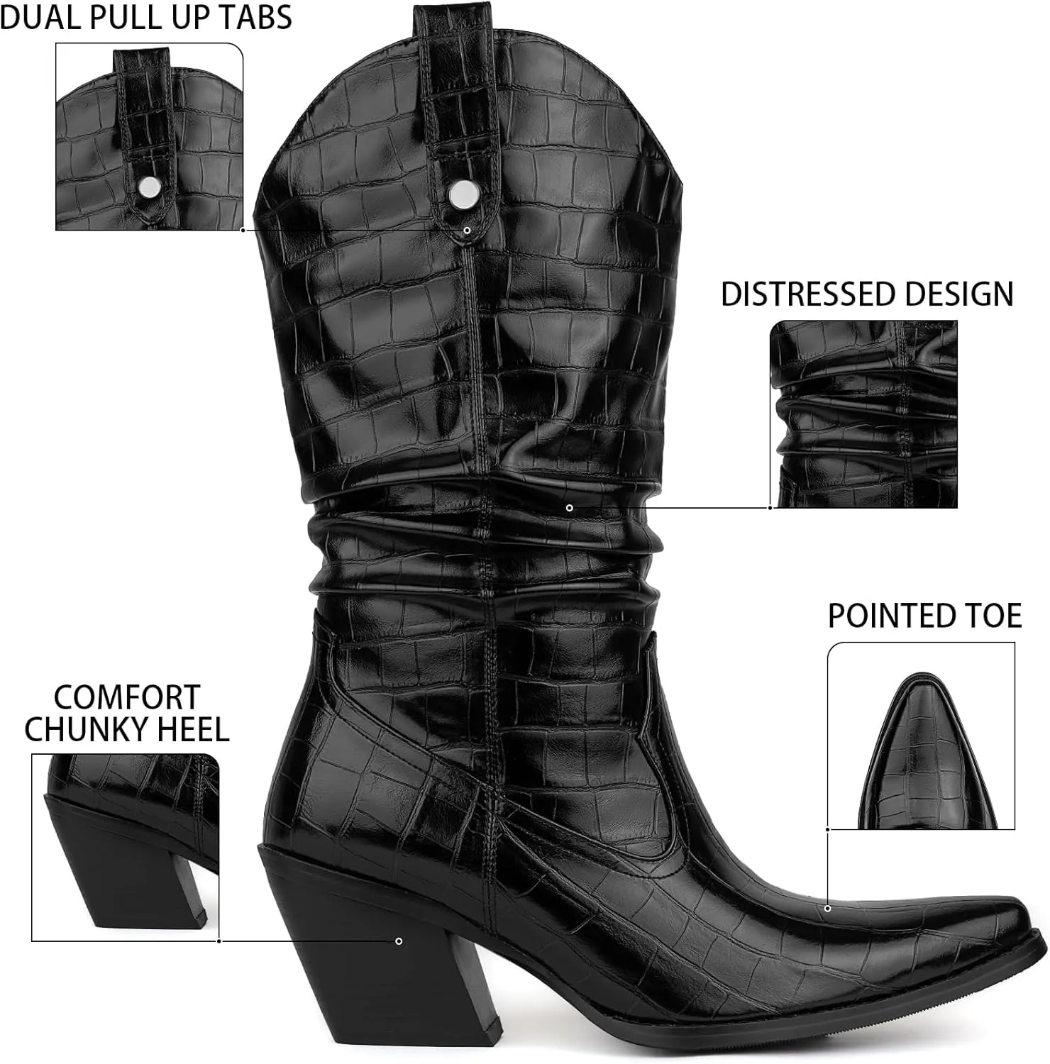 Women's Square Toe Cowboy Cowgirl Boots Embroidered Mid Calf Chunky Heel Western Boots