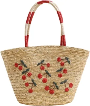 Women's Straw Shoulder Bag Large Rattan Woven Cherry Embroidered Summer Travel Beach Handbag Handmade Handle Purse