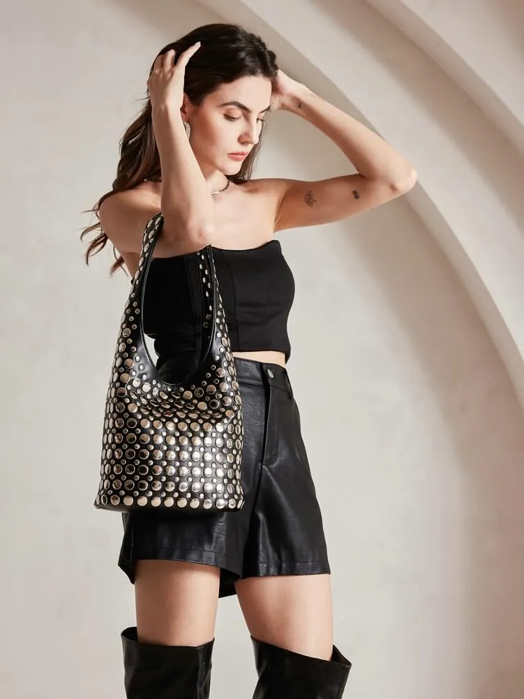 Women's Studded Shoulder Bag Soft PU Leather Y2k 90s Punk Tote Bags Streetwear Underarm Purse Top-handle Hobo Handbag