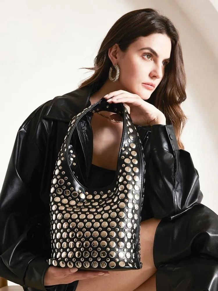 Women's Studded Shoulder Bag Soft PU Leather Y2k 90s Punk Tote Bags Streetwear Underarm Purse Top-handle Hobo Handbag