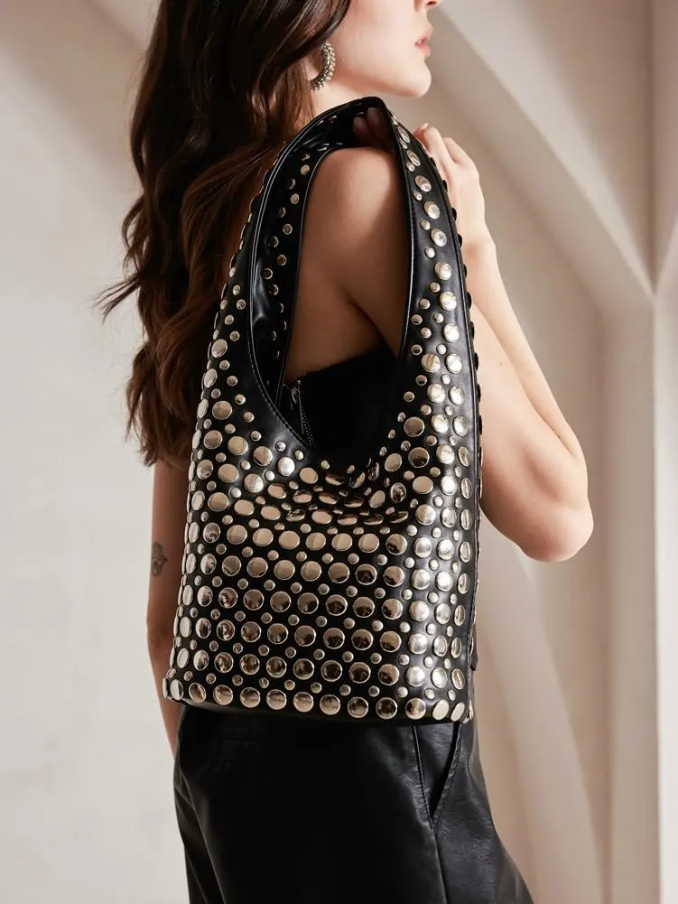 Women's Studded Shoulder Bag Soft PU Leather Y2k 90s Punk Tote Bags Streetwear Underarm Purse Top-handle Hobo Handbag