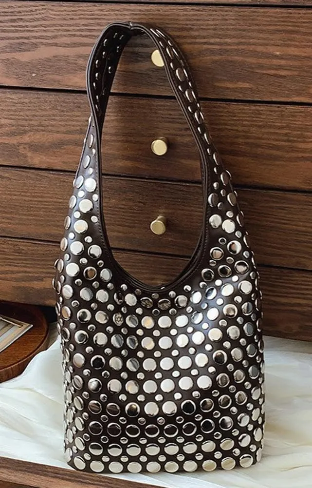 Women's Studded Shoulder Bag Soft PU Leather Y2k 90s Punk Tote Bags Streetwear Underarm Purse Top-handle Hobo Handbag