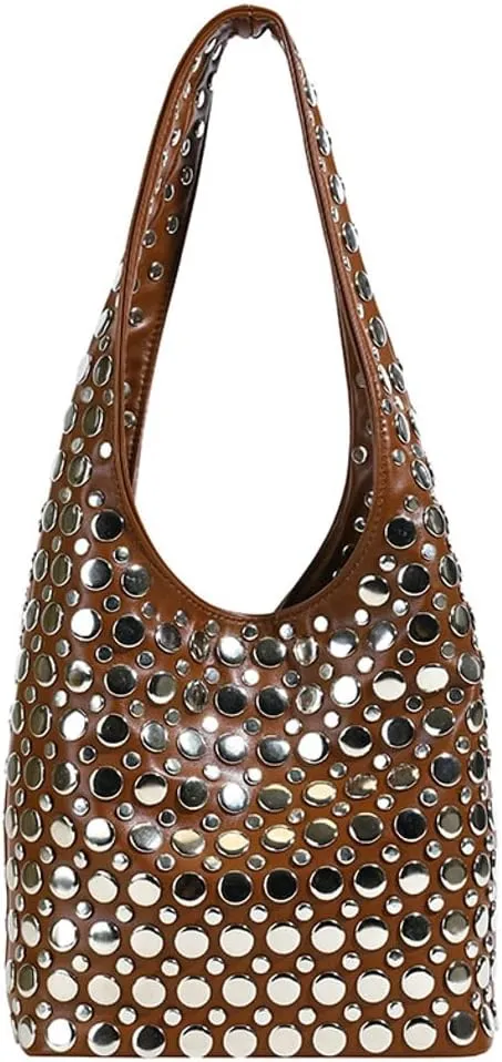 Women's Studded Shoulder Bag Soft PU Leather Y2k 90s Punk Tote Bags Streetwear Underarm Purse Top-handle Hobo Handbag