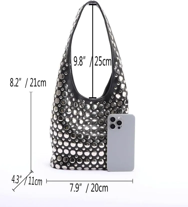 Women's Studded Shoulder Bag Soft PU Leather Y2k 90s Punk Tote Bags Streetwear Underarm Purse Top-handle Hobo Handbag