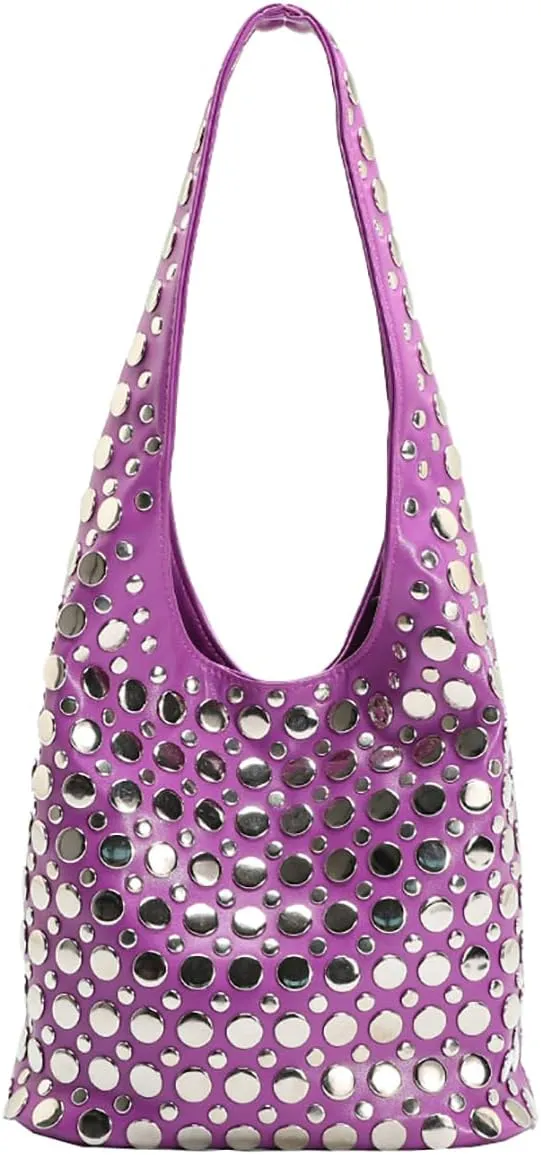 Women's Studded Y2k Hobo Bag 90s Punk Crescent Shoulder Purse Soft PU Leather Tote Handbag