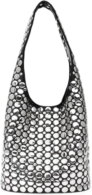 Women's Studded Y2k Hobo Bag 90s Punk Crescent Shoulder Purse Soft PU Leather Tote Handbag