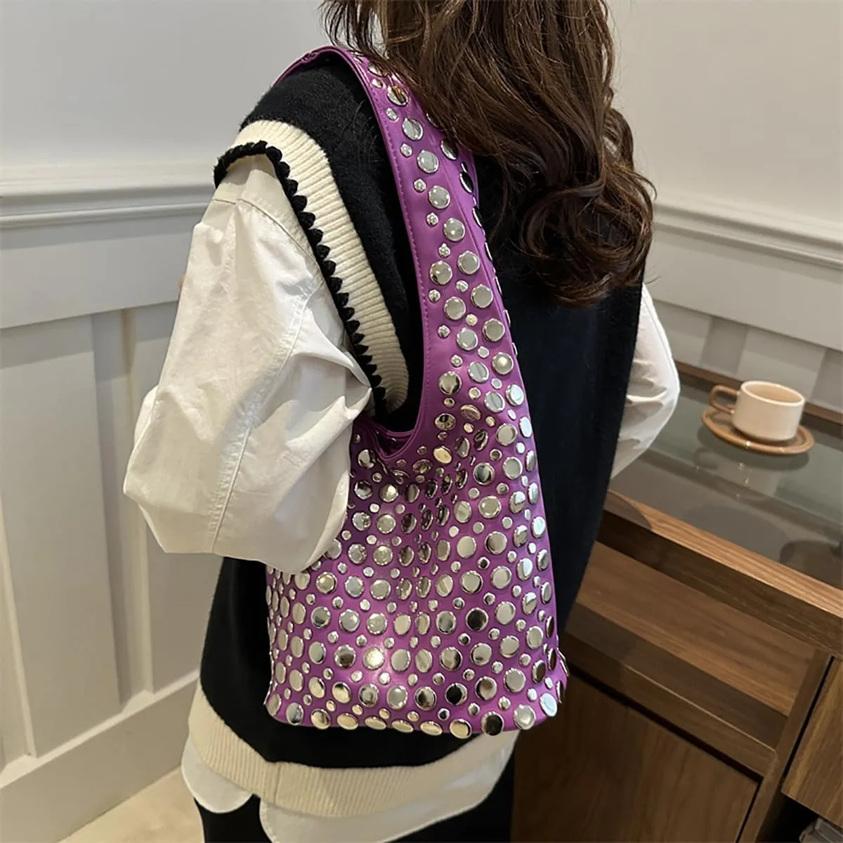 Women's Studded Y2k Hobo Bag 90s Punk Crescent Shoulder Purse Soft PU Leather Tote Handbag