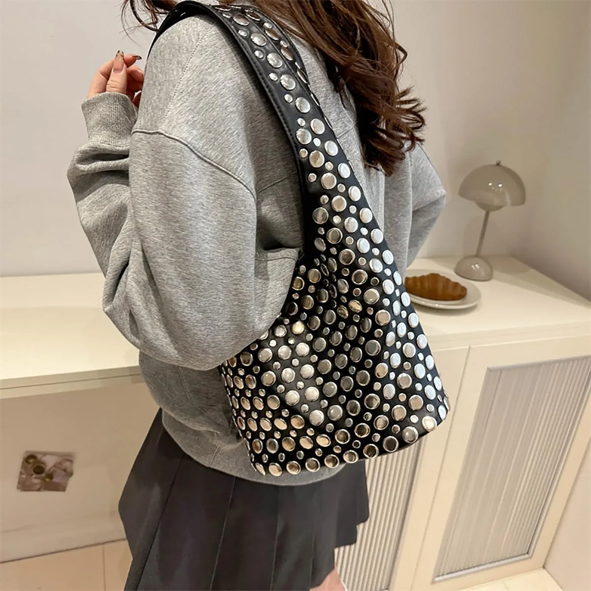 Women's Studded Y2k Hobo Bag 90s Punk Crescent Shoulder Purse Soft PU Leather Tote Handbag