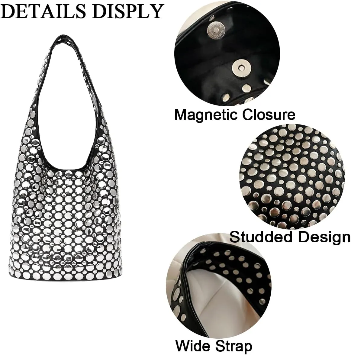 Women's Studded Y2k Hobo Bag 90s Punk Crescent Shoulder Purse Soft PU Leather Tote Handbag