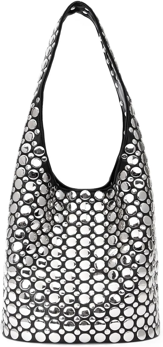 Women's Studded Y2k Hobo Bag 90s Punk Crescent Shoulder Purse Soft PU Leather Tote Handbag