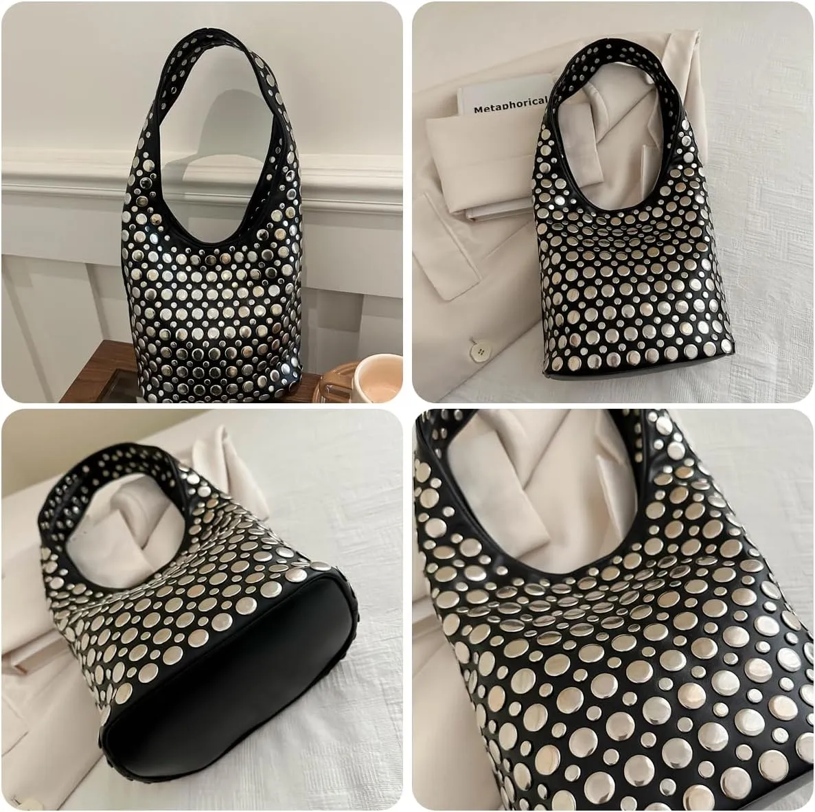 Women's Studded Y2k Hobo Bag 90s Punk Crescent Shoulder Purse Soft PU Leather Tote Handbag