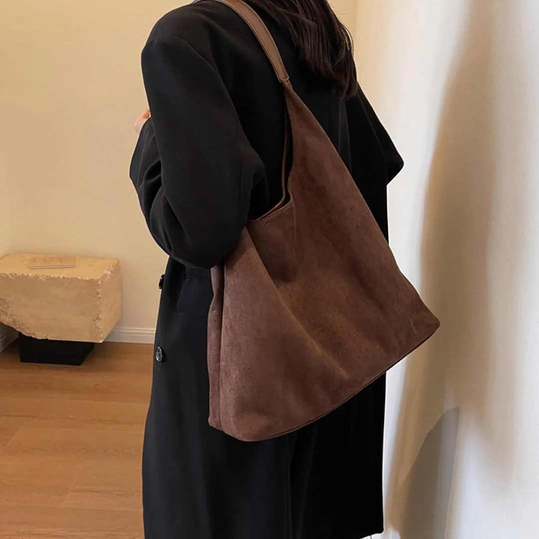 Women's Suede Tote Bag Retro Slouchy Bags Large Shoulder Tote Bag Suede Hobo Shoulder Bag for Travel College Work