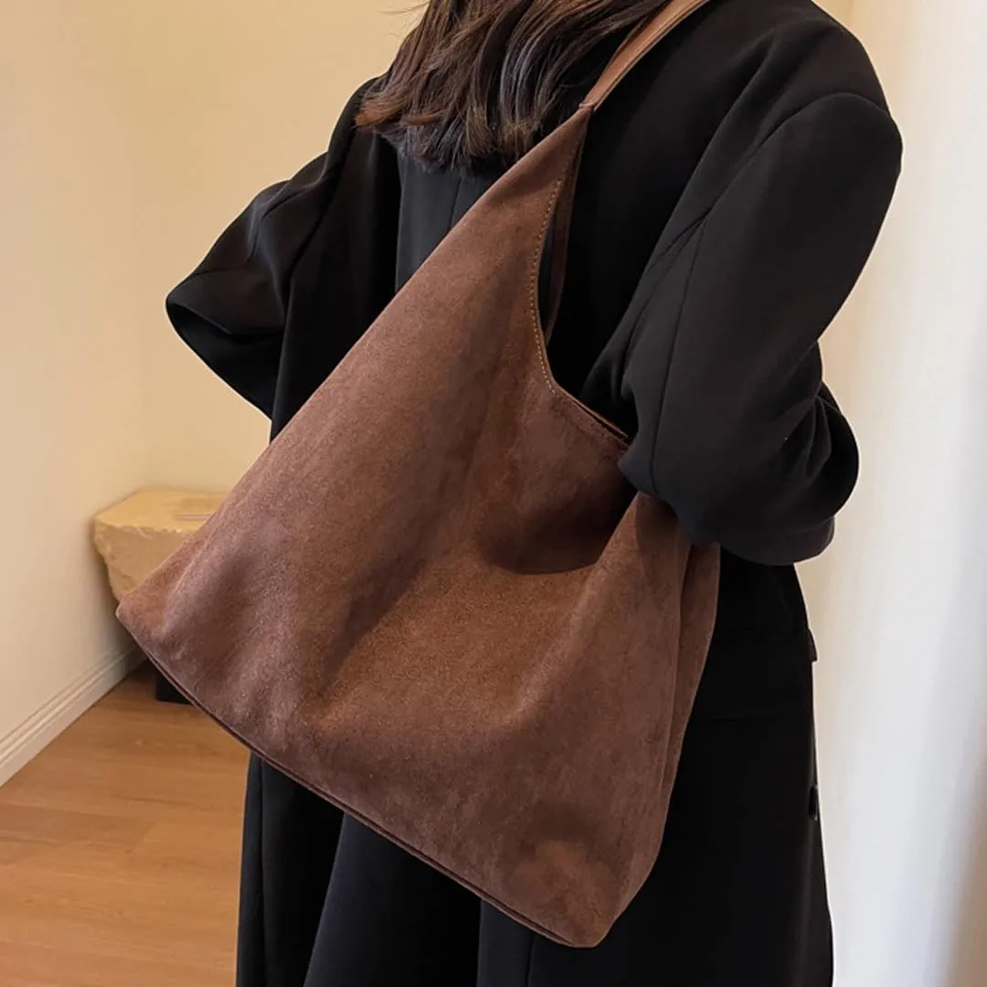 Women's Suede Tote Bag Retro Slouchy Bags Large Shoulder Tote Bag Suede Hobo Shoulder Bag for Travel College Work