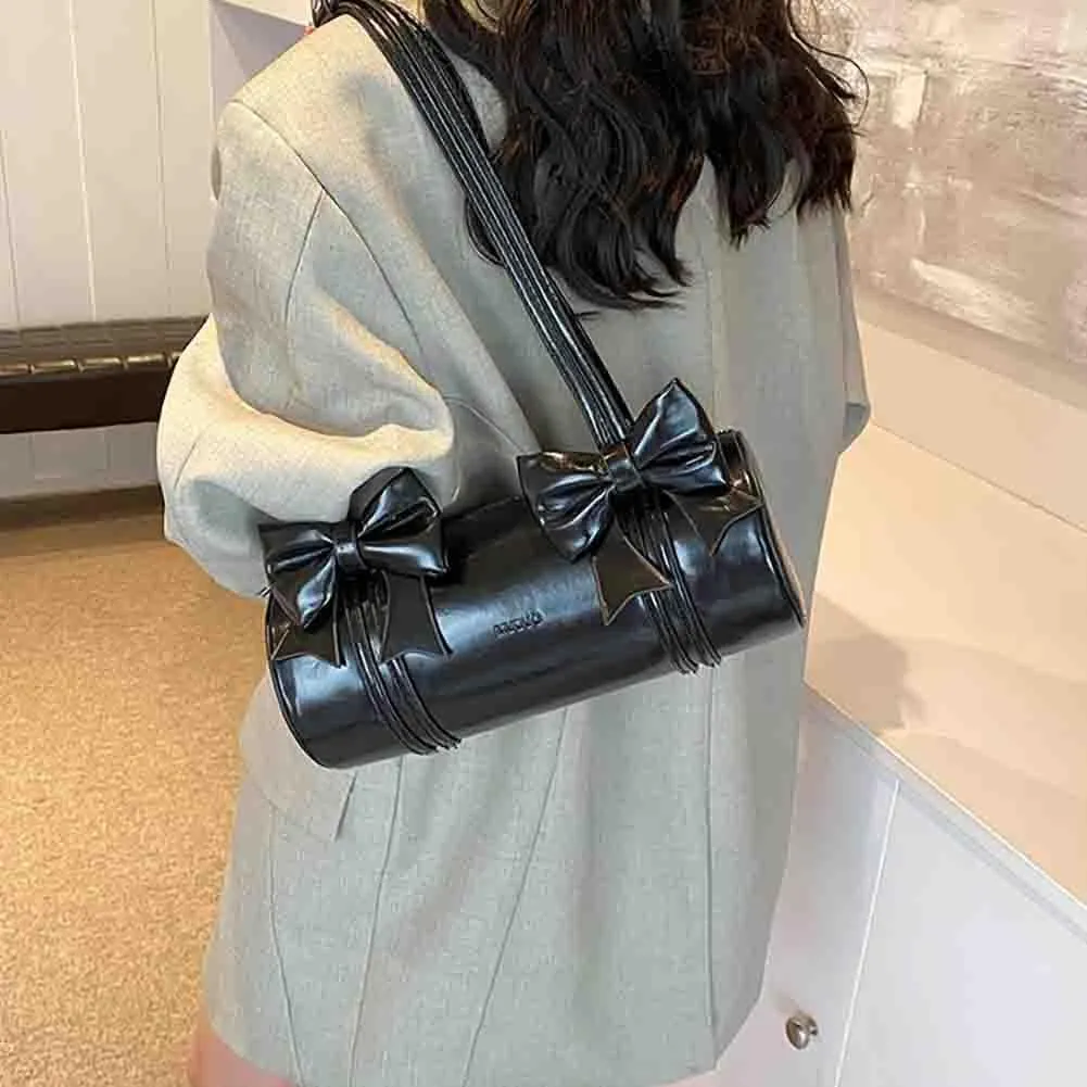 Women's Sweet Bow Knot Cylinder Bag PU Leather Bow Decor Glossy Shoulder Purse Top Handle Tote Underarm Clutch For Ladies