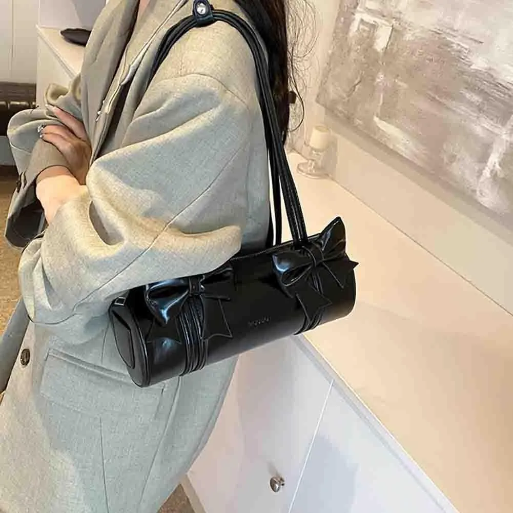 Women's Sweet Bow Knot Cylinder Bag PU Leather Bow Decor Glossy Shoulder Purse Top Handle Tote Underarm Clutch For Ladies