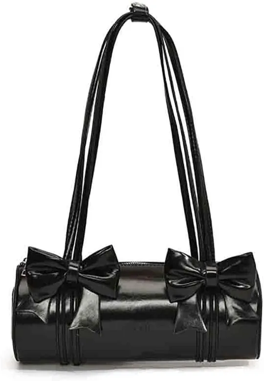 Women's Sweet Bow Knot Cylinder Bag PU Leather Bow Decor Glossy Shoulder Purse Top Handle Tote Underarm Clutch For Ladies