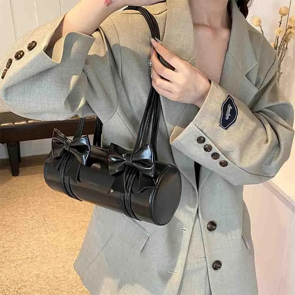 Women's Sweet Bow Knot Cylinder Bag PU Leather Bow Decor Glossy Shoulder Purse Top Handle Tote Underarm Clutch For Ladies