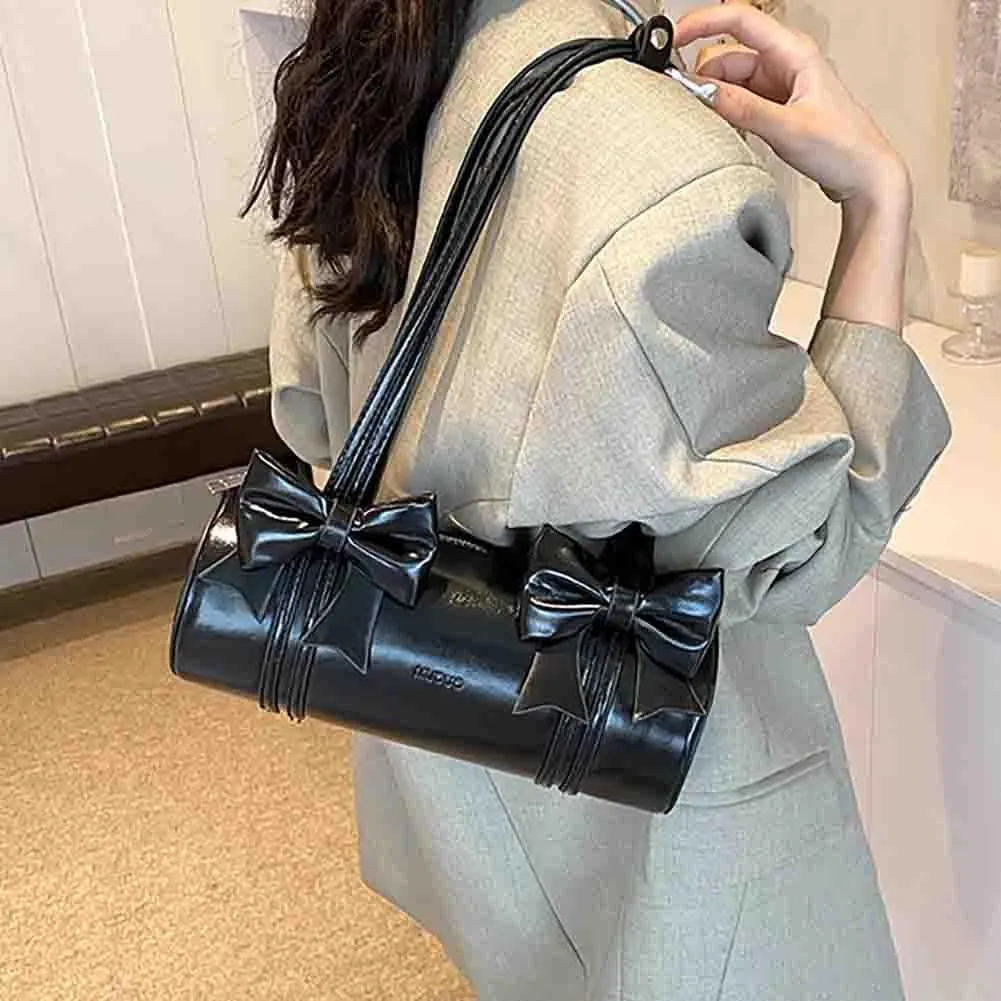 Women's Sweet Bow Knot Cylinder Bag PU Leather Bow Decor Glossy Shoulder Purse Top Handle Tote Underarm Clutch For Ladies